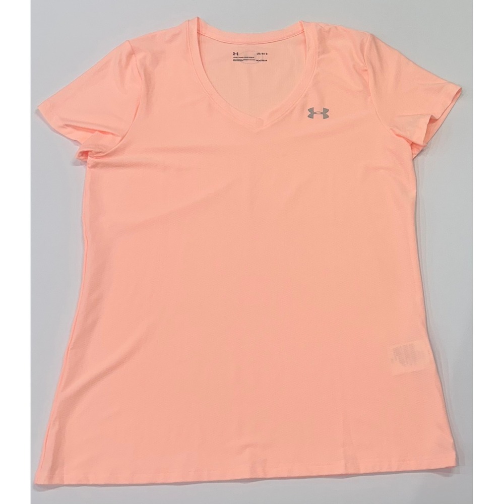 Under Armour HeatGear V-Neck Short Sleeve Workout Top Peach Pink Womens Large